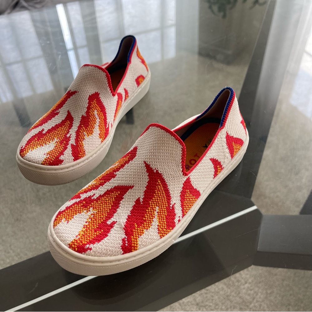 Rothy's The Kid Red, Yellow White Flames Knit Washable Slip On Sneakers‎ Size 2